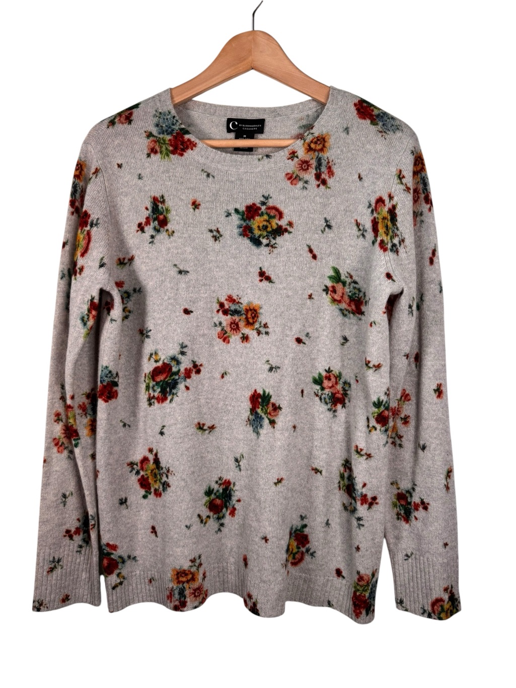 C By Bloomingdales 2-Ply Cashmere Gray Floral Sweater Size Medium Nwt Crew Neck